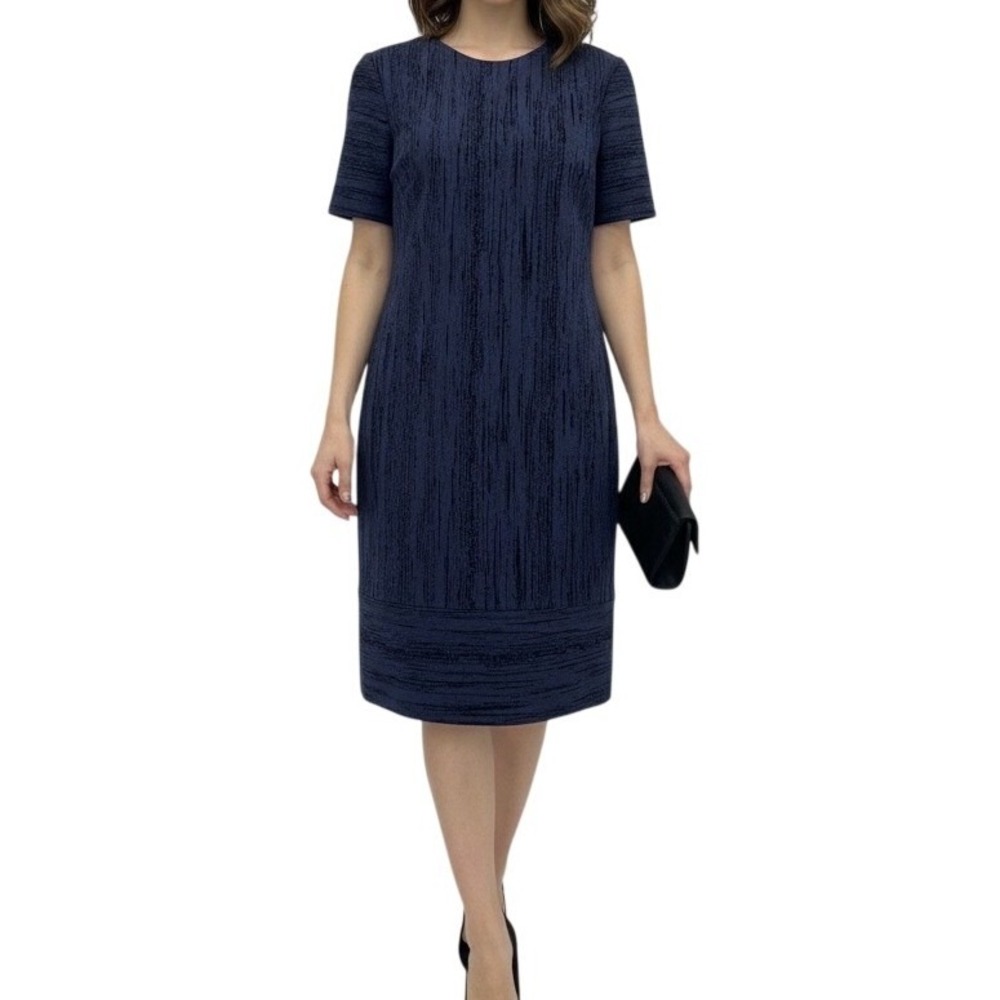 BOSS Hugo Boss Dress Blue Black Textured Knit Virgin Wool Blend Shift Size 10